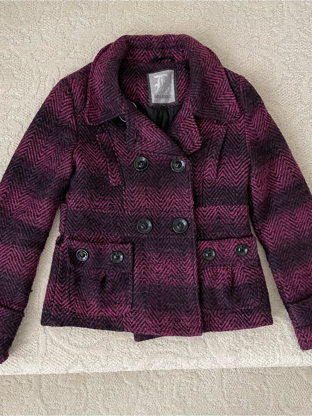 Dollhouse Double-Breasted Peacoat - Plum Herringbone